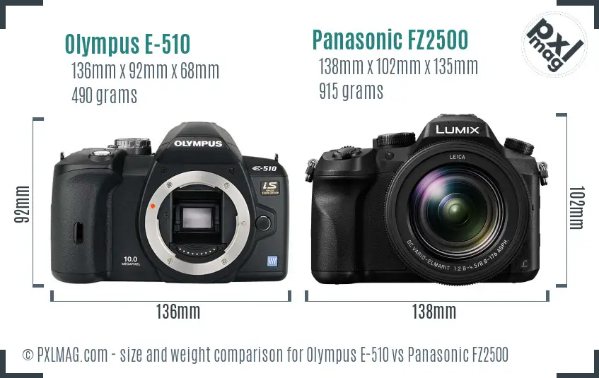 Olympus E-510 vs Panasonic FZ2500 size comparison