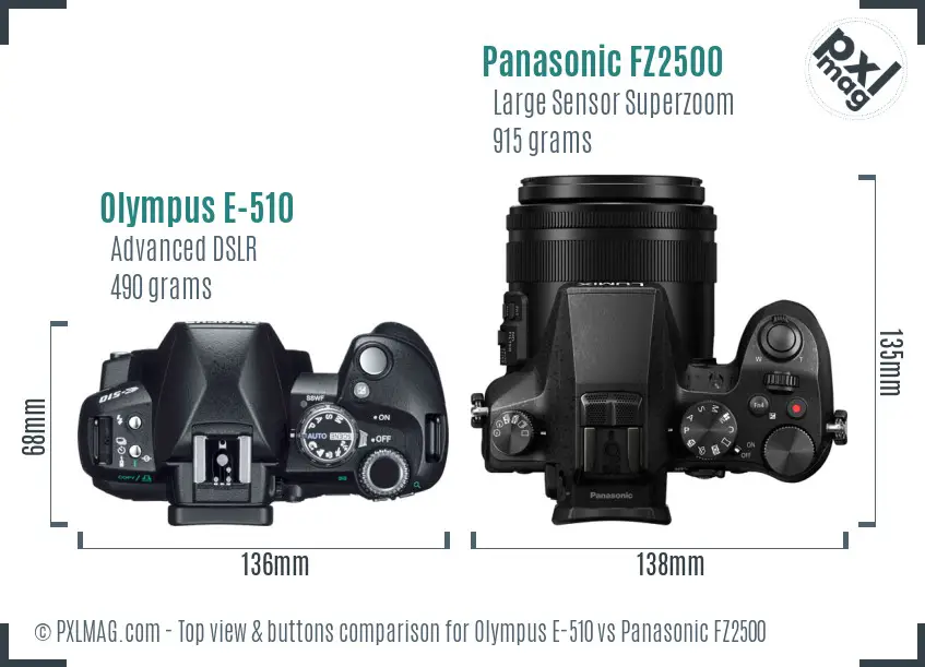 Olympus E-510 vs Panasonic FZ2500 top view buttons comparison