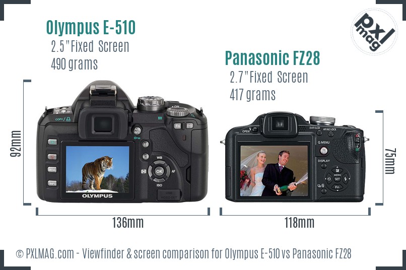 Olympus E-510 vs Panasonic FZ28 Screen and Viewfinder comparison