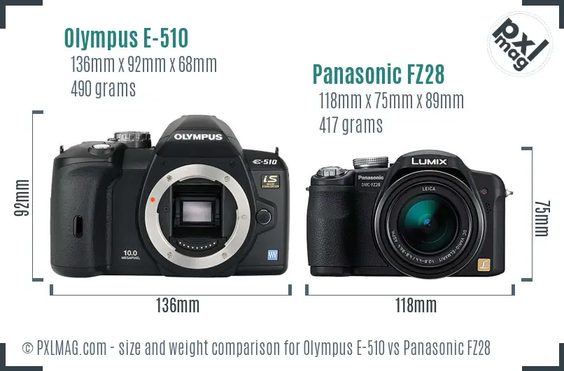 Olympus E-510 vs Panasonic FZ28 size comparison