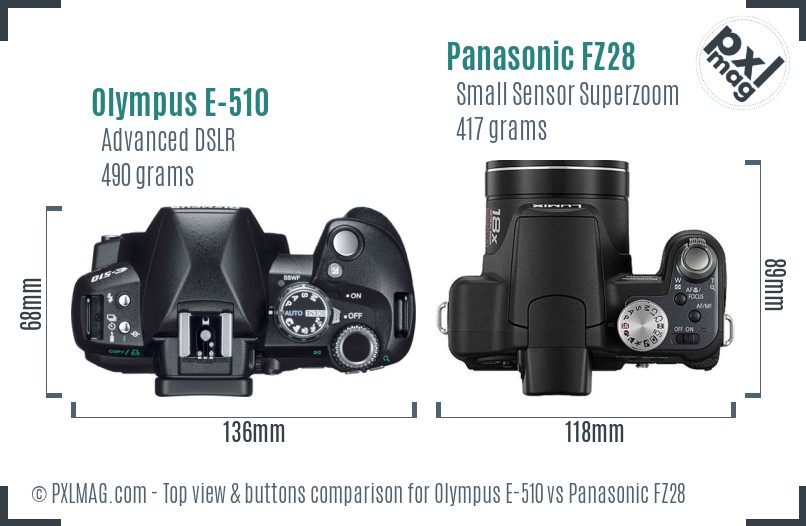 Olympus E-510 vs Panasonic FZ28 top view buttons comparison