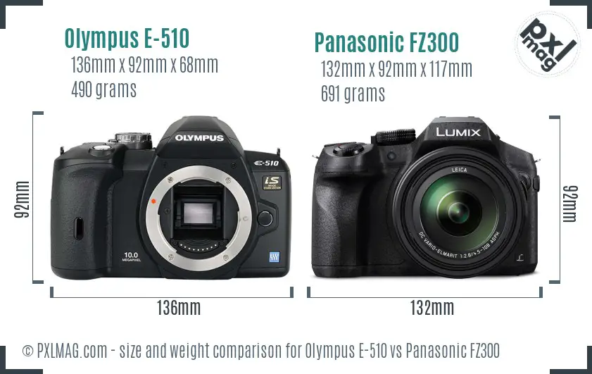 Olympus E-510 vs Panasonic FZ300 size comparison