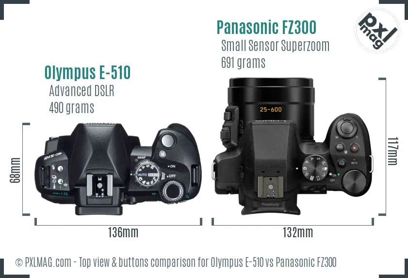 Olympus E-510 vs Panasonic FZ300 top view buttons comparison