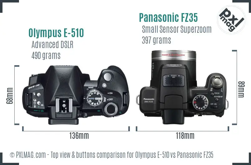 Olympus E-510 vs Panasonic FZ35 top view buttons comparison