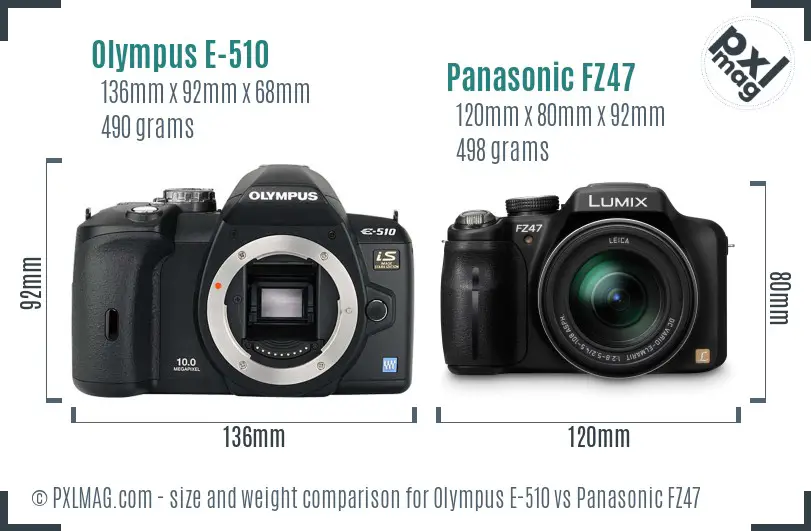 Olympus E-510 vs Panasonic FZ47 size comparison