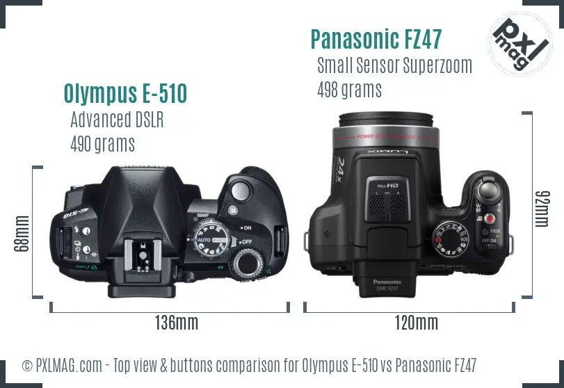 Olympus E-510 vs Panasonic FZ47 top view buttons comparison