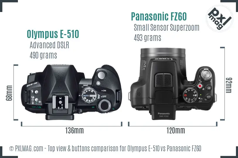 Olympus E-510 vs Panasonic FZ60 top view buttons comparison