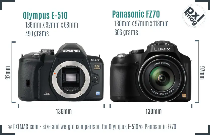 Olympus E-510 vs Panasonic FZ70 size comparison