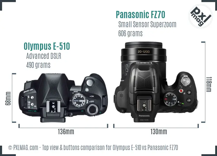 Olympus E-510 vs Panasonic FZ70 top view buttons comparison