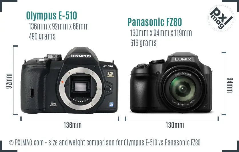 Olympus E-510 vs Panasonic FZ80 size comparison