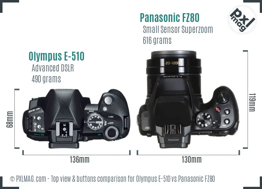 Olympus E-510 vs Panasonic FZ80 top view buttons comparison
