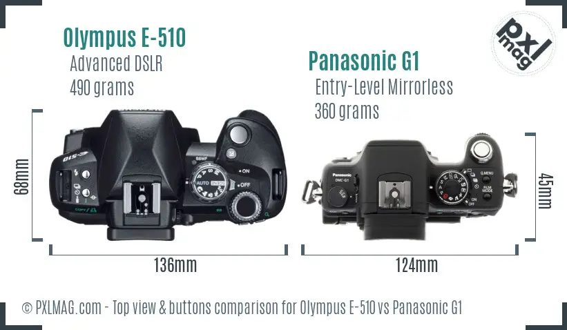Olympus E-510 vs Panasonic G1 top view buttons comparison