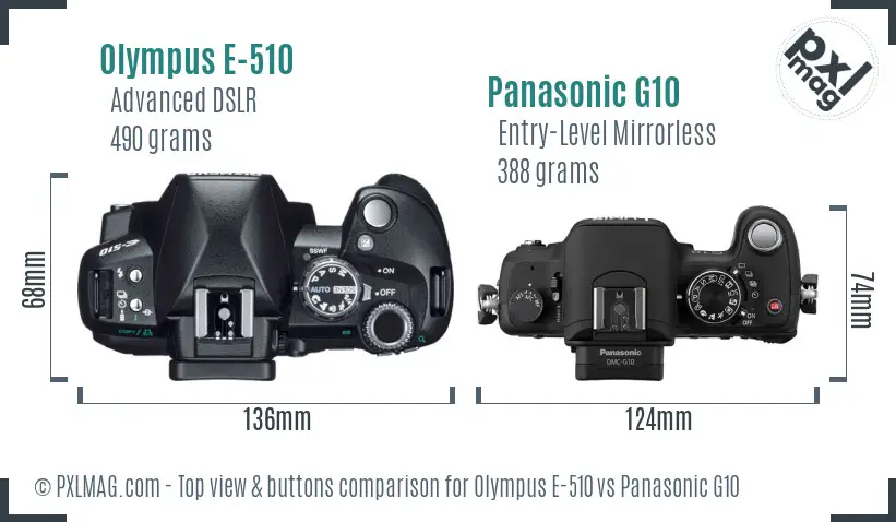 Olympus E-510 vs Panasonic G10 top view buttons comparison