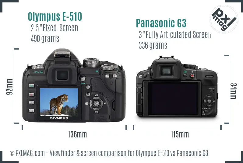 Olympus E-510 vs Panasonic G3 Screen and Viewfinder comparison