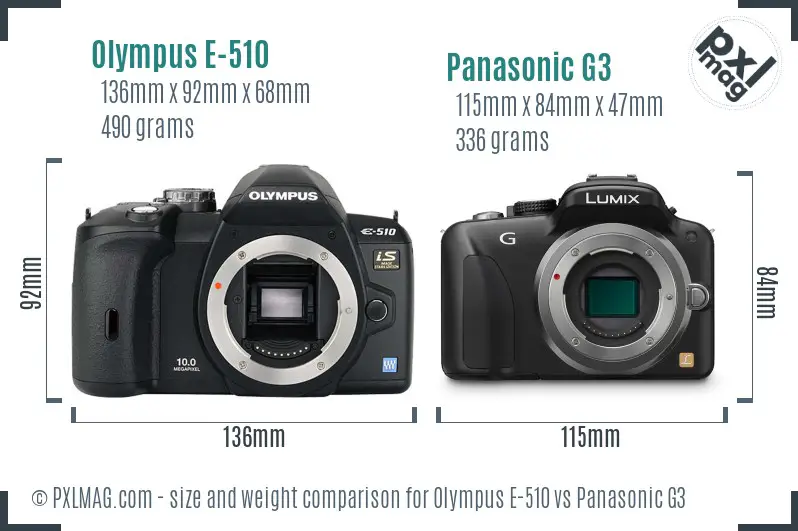 Olympus E-510 vs Panasonic G3 size comparison