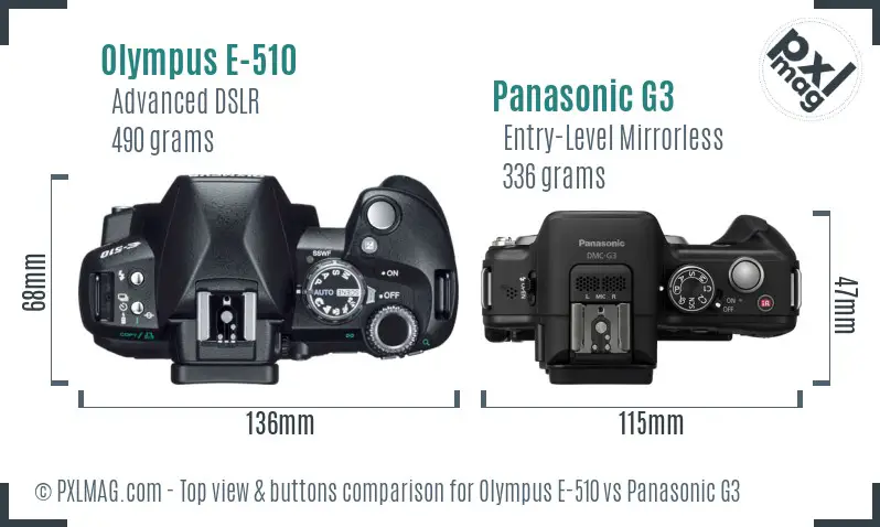 Olympus E-510 vs Panasonic G3 top view buttons comparison