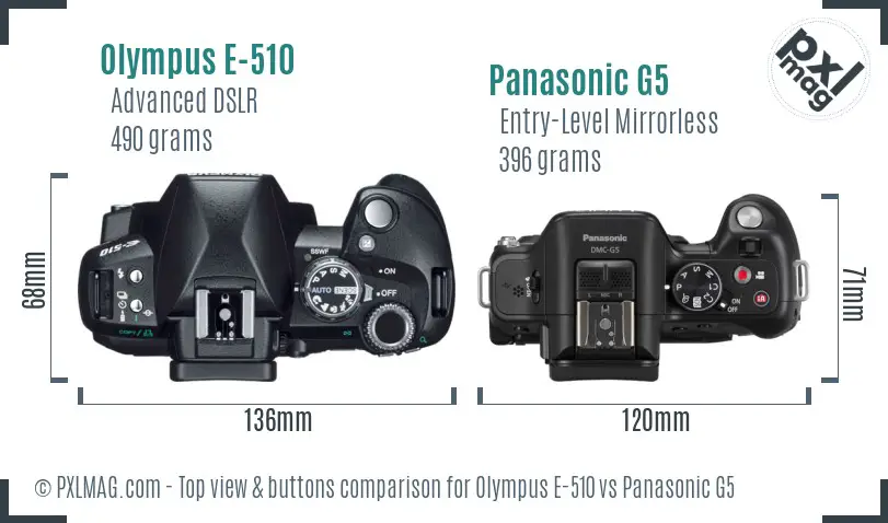 Olympus E-510 vs Panasonic G5 top view buttons comparison
