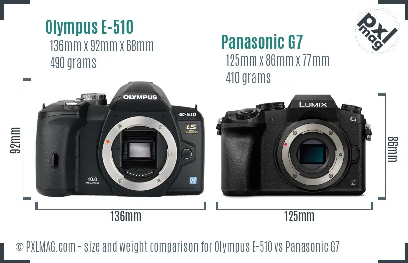 Olympus E-510 vs Panasonic G7 size comparison
