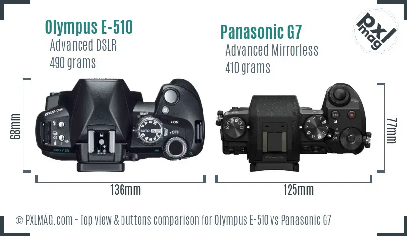 Olympus E-510 vs Panasonic G7 top view buttons comparison