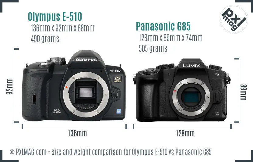 Olympus E-510 vs Panasonic G85 size comparison