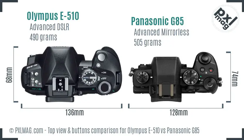 Olympus E-510 vs Panasonic G85 top view buttons comparison