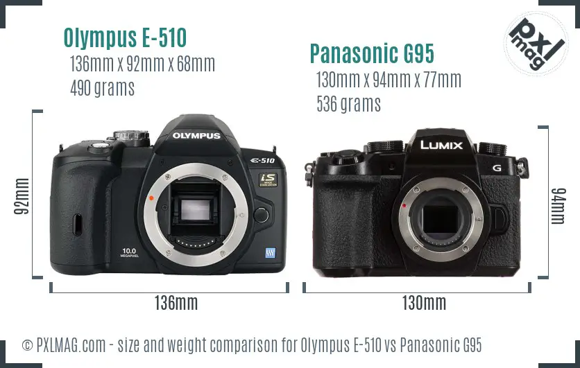 Olympus E-510 vs Panasonic G95 size comparison