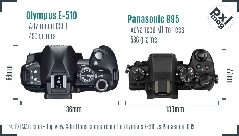 Olympus E-510 vs Panasonic G95 top view buttons comparison