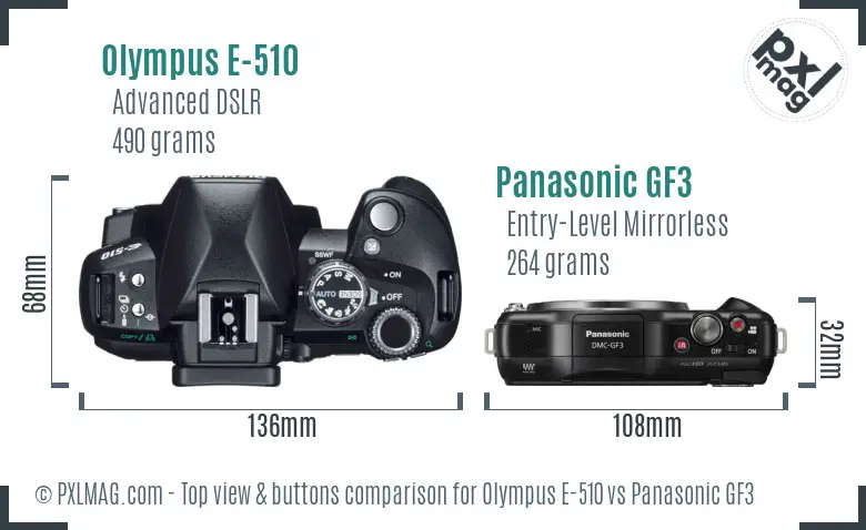 Olympus E-510 vs Panasonic GF3 top view buttons comparison