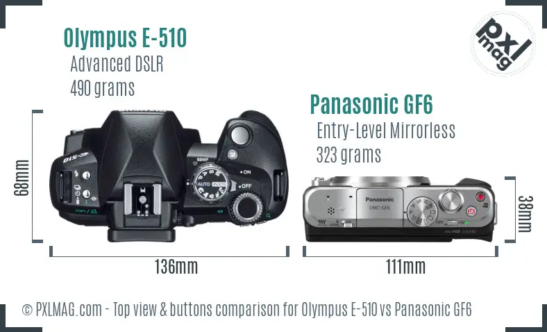 Olympus E-510 vs Panasonic GF6 top view buttons comparison