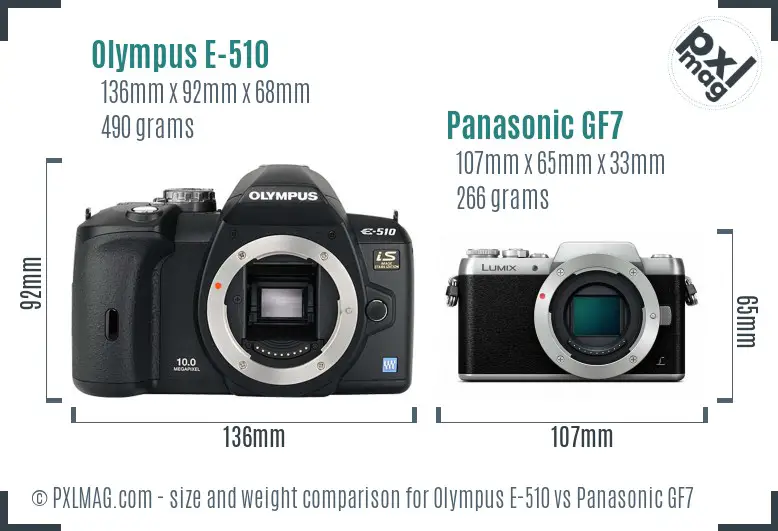 Olympus E-510 vs Panasonic GF7 size comparison