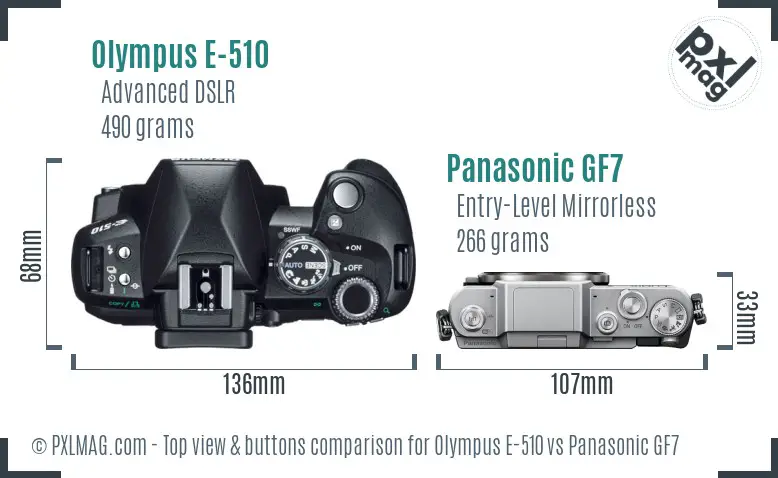 Olympus E-510 vs Panasonic GF7 top view buttons comparison