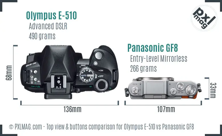 Olympus E-510 vs Panasonic GF8 top view buttons comparison