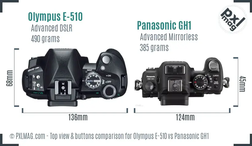 Olympus E-510 vs Panasonic GH1 top view buttons comparison