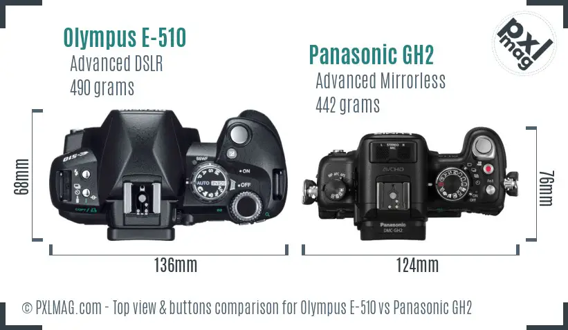 Olympus E-510 vs Panasonic GH2 top view buttons comparison