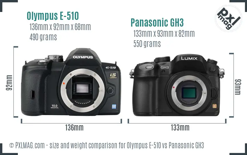 Olympus E-510 vs Panasonic GH3 size comparison