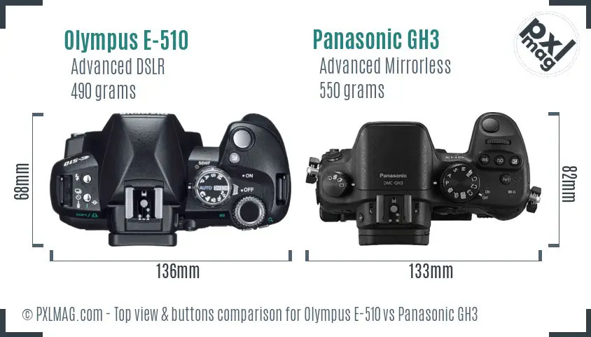 Olympus E-510 vs Panasonic GH3 top view buttons comparison