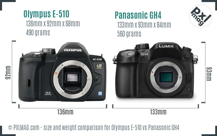 Olympus E-510 vs Panasonic GH4 size comparison