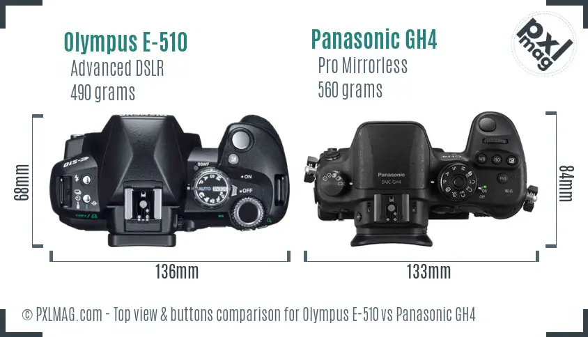 Olympus E-510 vs Panasonic GH4 top view buttons comparison