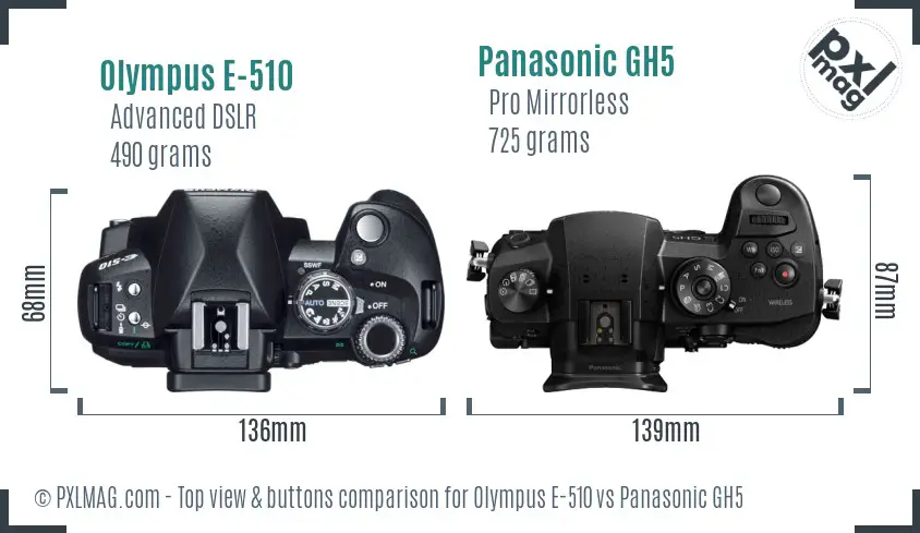 Olympus E-510 vs Panasonic GH5 top view buttons comparison