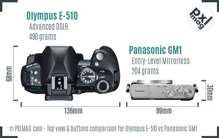 Olympus E-510 vs Panasonic GM1 top view buttons comparison