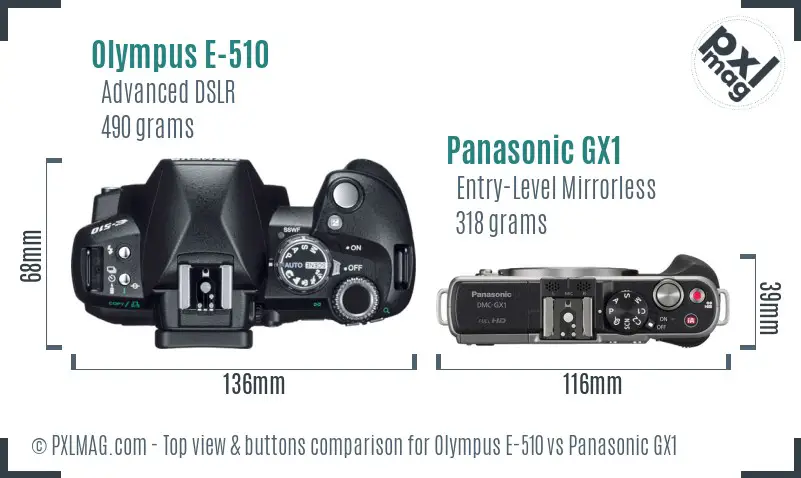 Olympus E-510 vs Panasonic GX1 top view buttons comparison