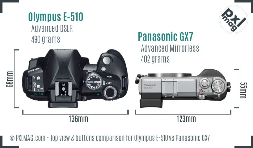 Olympus E-510 vs Panasonic GX7 top view buttons comparison
