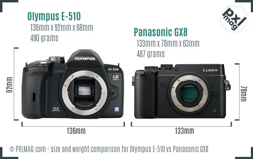 Olympus E-510 vs Panasonic GX8 size comparison