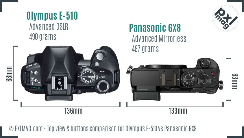 Olympus E-510 vs Panasonic GX8 top view buttons comparison