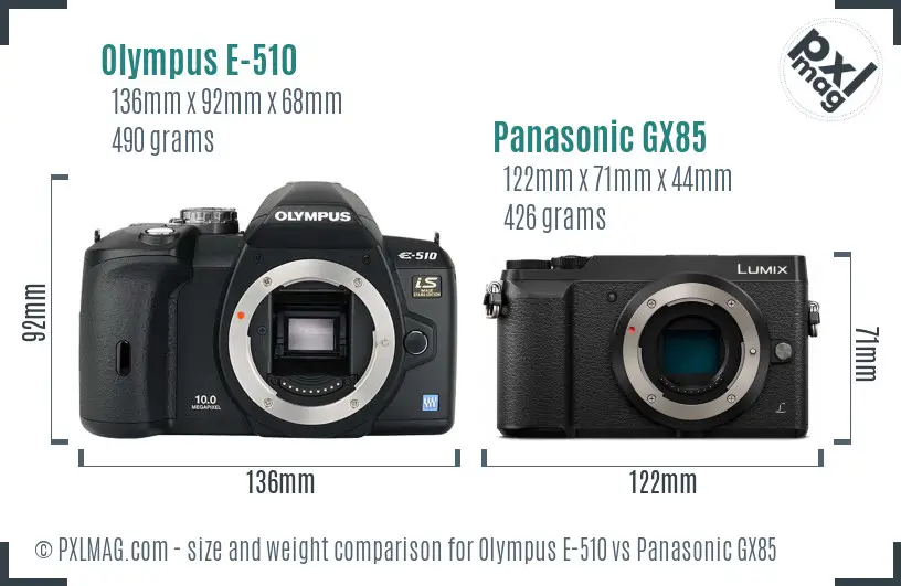 Olympus E-510 vs Panasonic GX85 size comparison