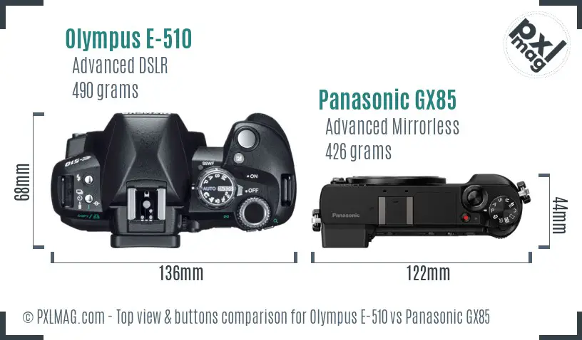 Olympus E-510 vs Panasonic GX85 top view buttons comparison