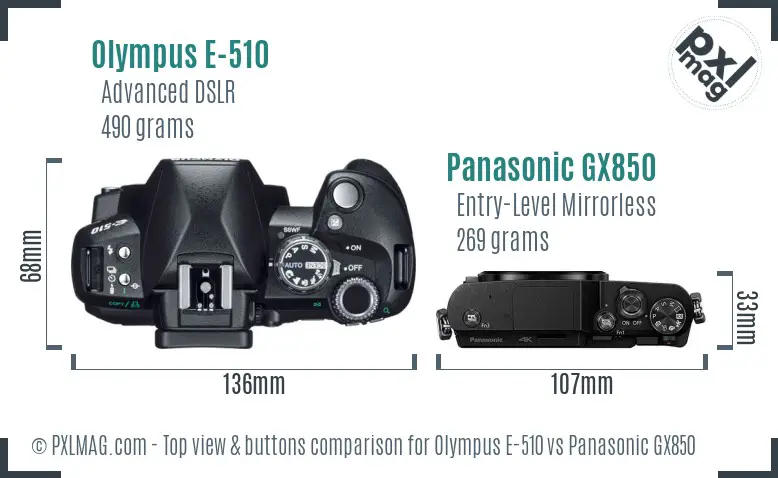 Olympus E-510 vs Panasonic GX850 top view buttons comparison