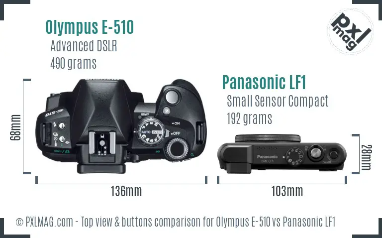 Olympus E-510 vs Panasonic LF1 top view buttons comparison