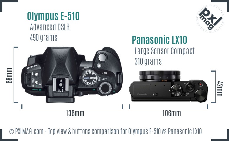 Olympus E-510 vs Panasonic LX10 top view buttons comparison
