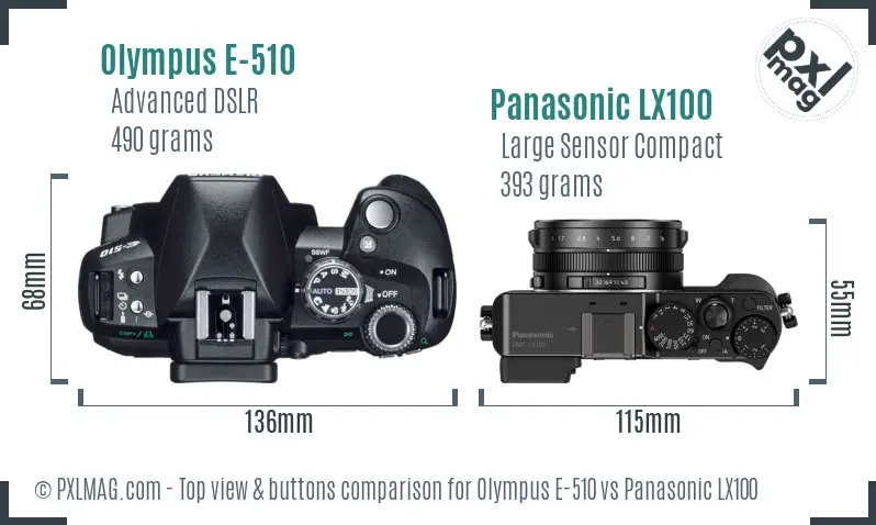 Olympus E-510 vs Panasonic LX100 top view buttons comparison